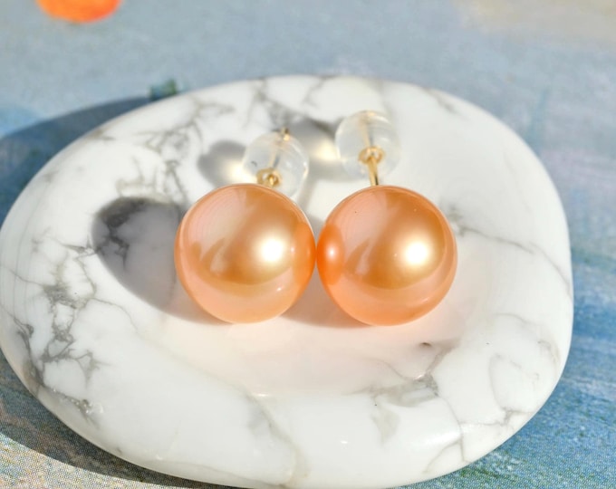Coral Gold Freshwater Pearl Studs: Solid 18K Gold, 10.2mm, AAA, Stud Earrings