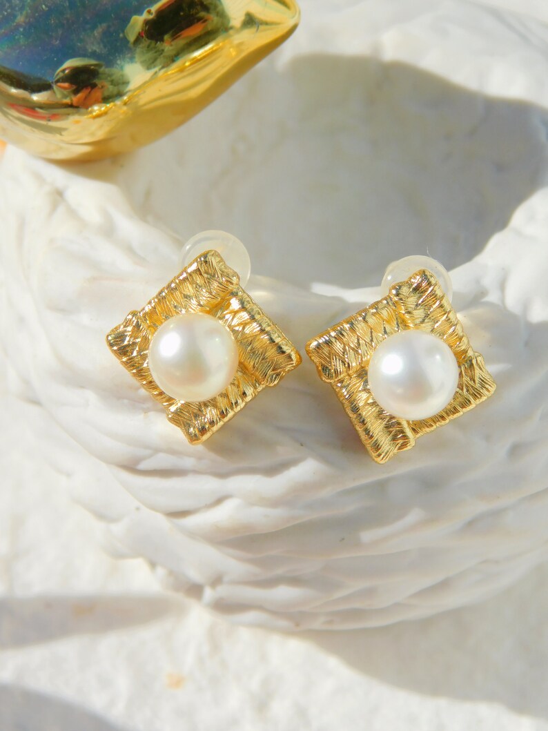 Vermeil Japanese Akoya Pearl Earrings Rhombus Earrings Saltwter Pearls AAA 7.2mm Beige Japanese Saltwater Pearls Modern Design image 10
