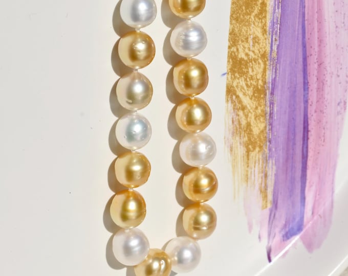 Golden and White South Sea Pearl Necklace: Semi-baroque, 9.9-11.6mm, 19-inch