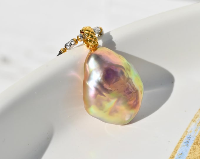 Super Metallic Baroque Pearl Pendant: Solid 18K Gold Bail, Mauve Golden Pistachio, AAA+, 18mm* 22mm*7mm