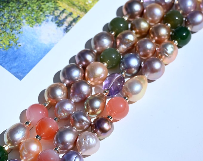 52" Multi-Color Pearl & Gemstone Necklace: Hand Knotted, No Clasp