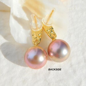 Vermeil Metallic Freshwater Pearl Earrings AAA Mauve Pink Near Round 11.4mm Yellow Gold over Silver Metallic image 3