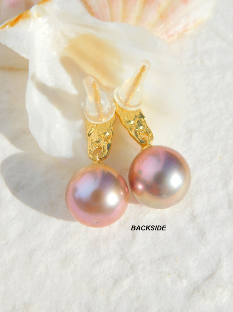 Vermeil Metallic Freshwater Pearl Earrings AAA Mauve Pink Near Round 11.4mm Yellow Gold over Silver Metallic image 3