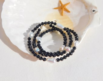 Black Spinel Freshwater Keshi Pearl Necklace | 16.25 inches | Faceted | Solid 18kt Yellow Gold | Black | White | Baroque Pearl | Choker