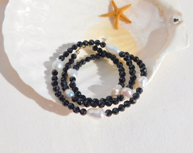 Black Spinel Freshwater Keshi Pearl Necklace | 16.25 inches | Faceted | Solid 18kt Yellow Gold | Black | White | Baroque Pearl | Choker