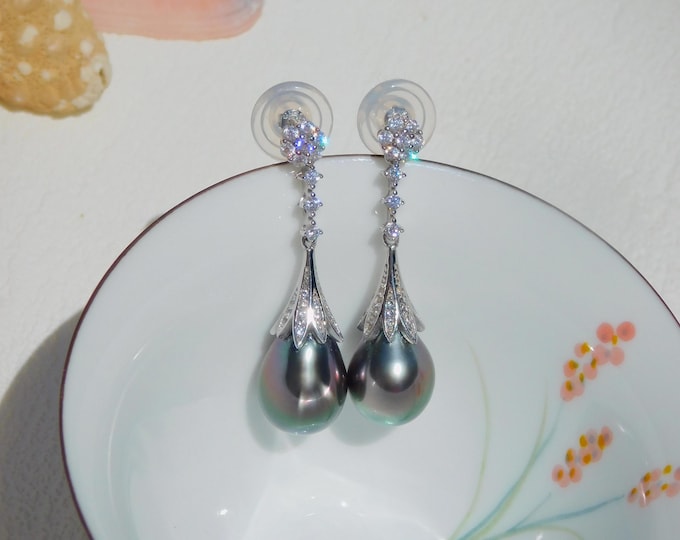 Long Tahitian Pearl Earrings | AAA | Cluster Drop Earrings | Deep Green | Black Pearl Earrings | White Gold Over Silver | Teardrop | 10.7mm