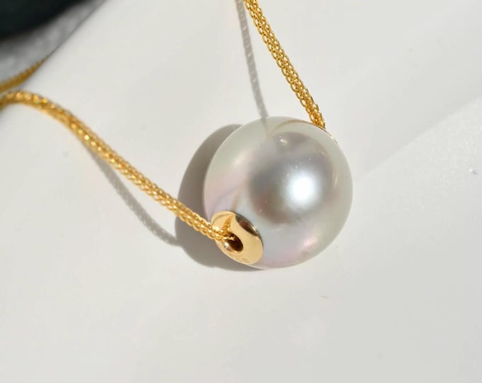 Floating Tahitian Pearl Necklace: Oval, Eggshell, Solid 18K Gold Dainty Chain, AAA, 10.6mm,