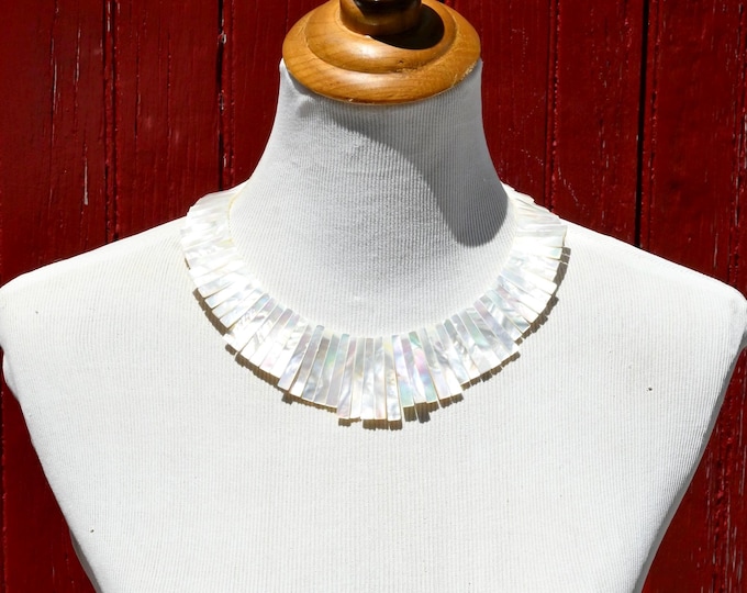 Mother-of-Pearl Graduated Bar Necklace: Iridescent Shell, 20-inch Statement Necklace, Geometric
