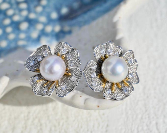 Pastel Blue Akoya Pearl Earrings: Sterling Silver Four Petal Flower, 7mm, AAA