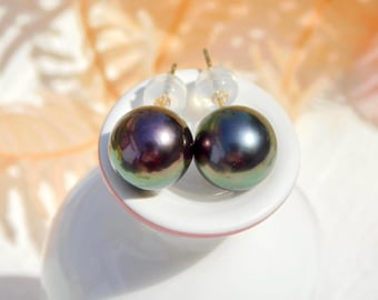 10.5mm Tahitian Pearl Studs | Peacock Green | AAA | Round | Solid 18k Gold | South Sea Pearl | Tahitian Pearl | Black Pearl Studs | Au750