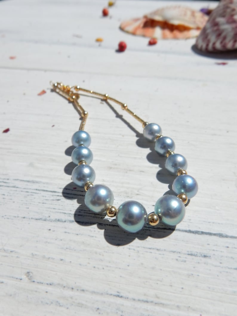 Akoya Pearl Bracelet Saltwater Pearls Japanese Pearl 18K Gold Tube Bracelet Ready to Ship Silver Blue Grey