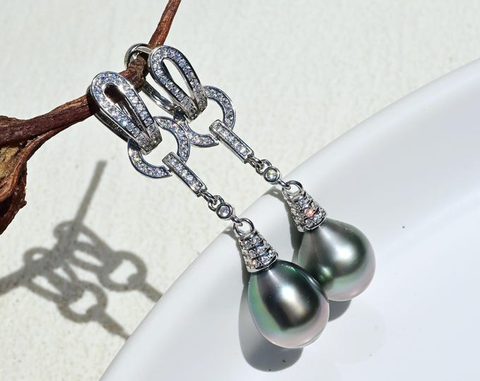 Long Dangle Tahitian Pearl Earrings: 10.7mm, Sterling Silver Latch Back, Deep Silvery Green, AAA