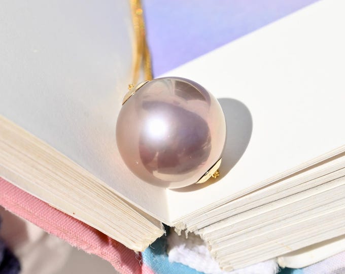 13.6mm Floating Freshwater Pearl Necklace: Smokey Mauve, Solid 18k Gold Pin-End Chain, AAA+