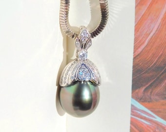 Tahitian Pearl Pendant on Square Snake Chain | 14mm | Large Tahitian Pearl | 2.4mm Chain | Removable Pendant | AAA | Adjustable | AAA