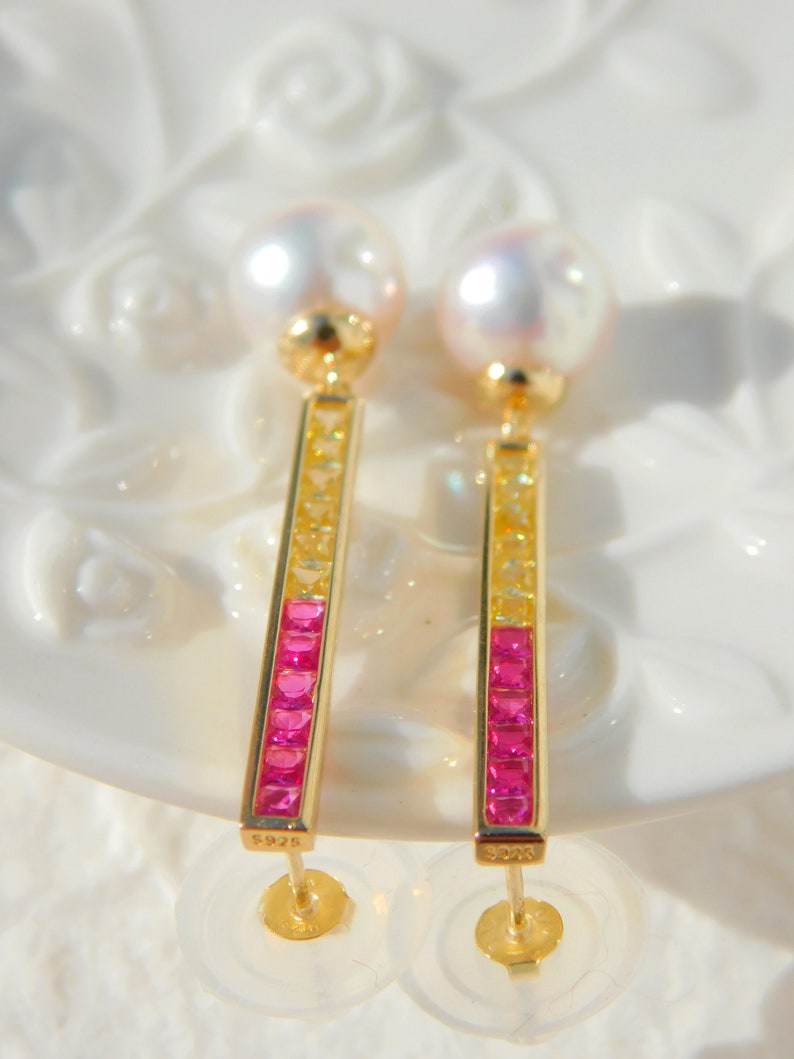 Vermeil Colorful CZ with Japanese Akoya Pearl Earrings AAA 9.2mm Drop Earrings Japanese Saltwater Pearls Hot Pink Yellow image 6