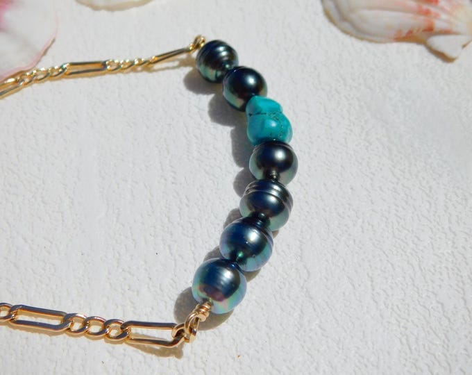 Tahitian Pearls and Turquoise Bar Necklace | 14K Gold Filled Figaro Chain | 16.5 Inches | Blue Turquoise Nugget | Circled Tahitian | Smiley