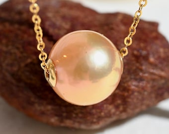 11.6mm Peach Champagne Floating Freshwater Pearl Necklace: Solid 18k Gold Pin-End Chain, AAA+