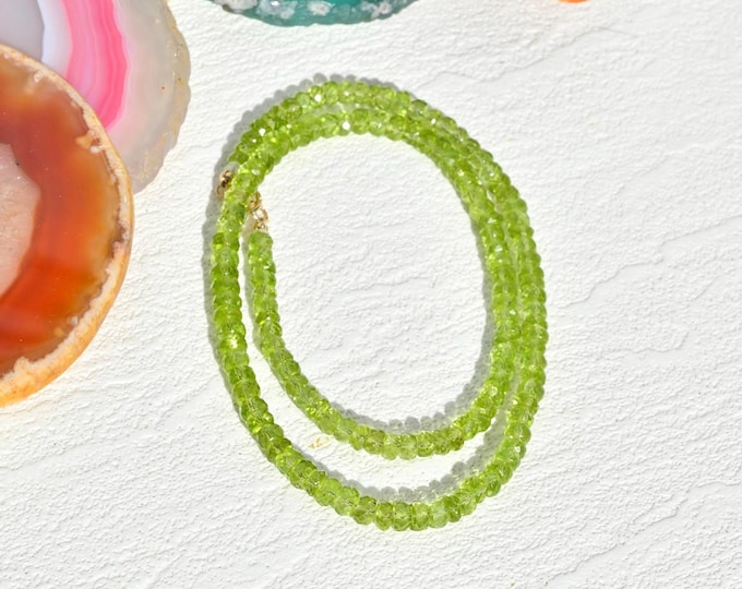 Apple Green Peridot Necklace: Solid 18k Gold, Faceted Rondelle Gemstone, 17-inch, 4.4-5.6mm