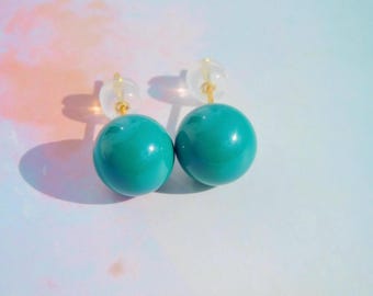 Dark Green Turquoise Studs | Undyed | Round | Hubei Turquoise | Solid 18K Gold | 9.5mm | Authentic Turquoise | AAA+ | Au750 | Gemstone