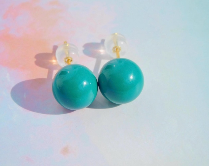 Dark Green Turquoise Studs | Undyed | Round | Hubei Turquoise | Solid 18K Gold | 9.5mm | Authentic Turquoise | AAA+ | Au750 | Gemstone
