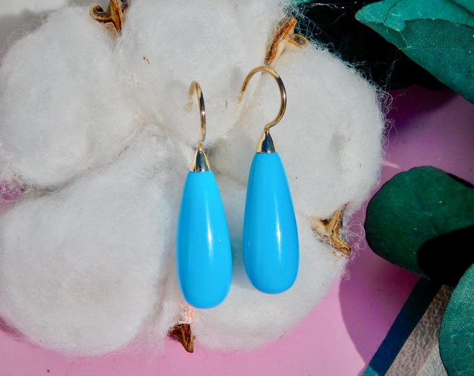 Bright Sky Blue Turquoise Earrings | Teardrop | Solid 14kt Yellow Gold |  9mm * 21mm | Blue Gemstone | Au585 | Blue | Drop Earrings | Hubei
