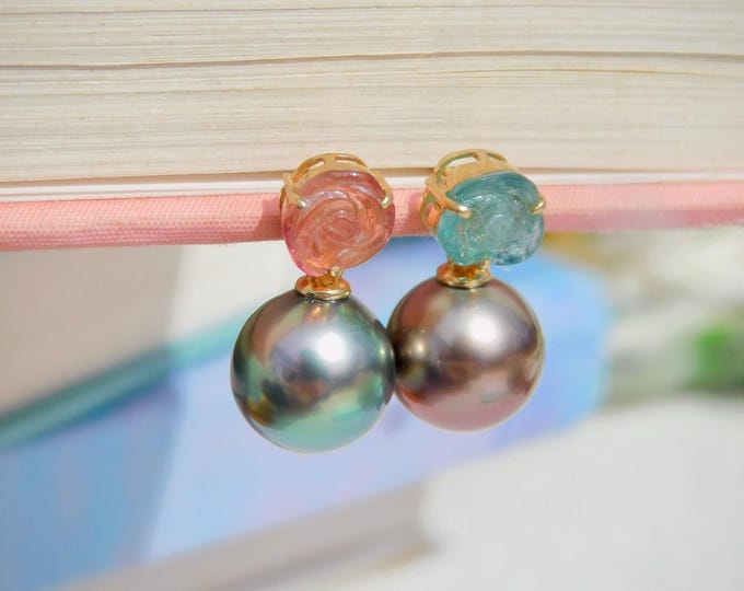 Mismatched Tourmaline Rose Earrings | Mismated Tahitian Pearls | Solid 14kt Gold | Au585 | AAA+ | Pink | Green | Unmatched Earrings | Flower