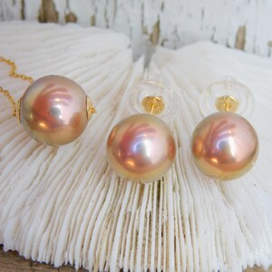 Pearl Studs and Floating Pearl Necklace SET Solid 18kt Yellow Gold Super Metallic Bronze 11.2mm and 11.9mm Beyone AAA Jewelry SET image 10