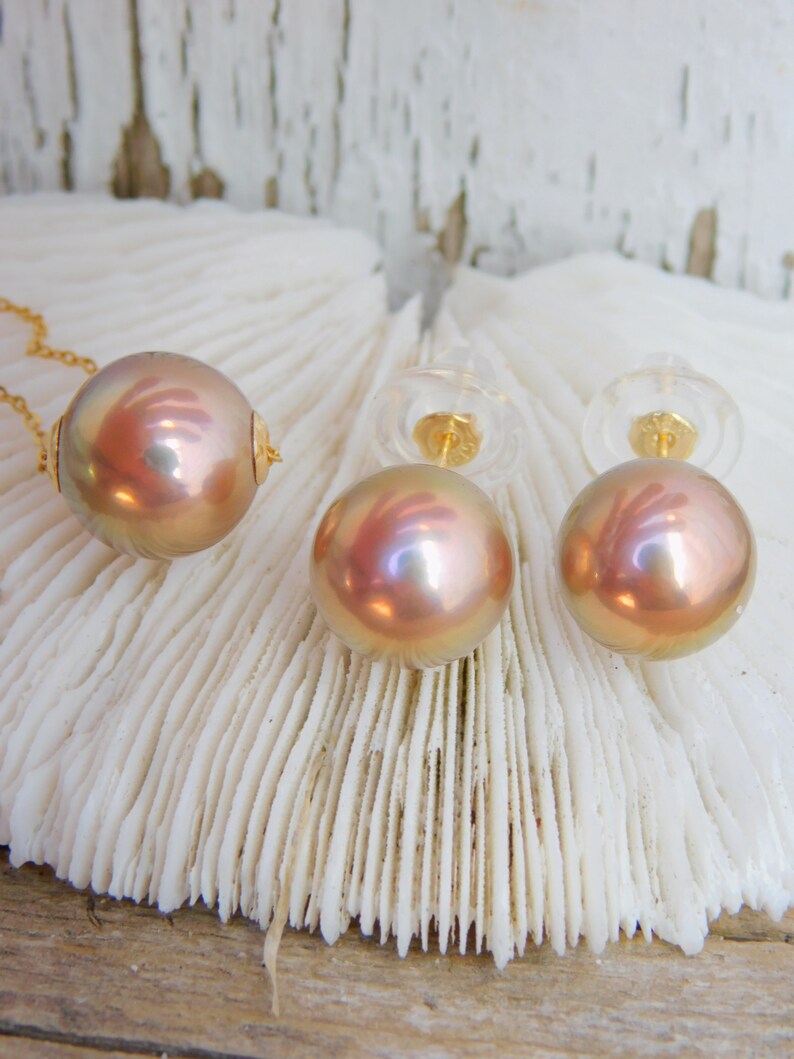 Pearl Studs and Floating Pearl Necklace SET Solid 18kt Yellow Gold Super Metallic Bronze 11.2mm and 11.9mm Beyone AAA Jewelry SET image 10