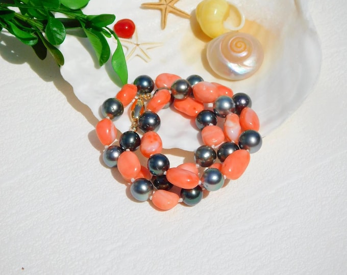 Pink Orange Coral Tahitian Pearl Necklace | Solid 18K/14K Gold | Gemstone and Pearl Necklace | AA+ | 17.25 Inches | Black Pearls | Pink