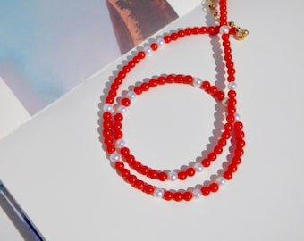 Coral and Freshwater Pearl Necklace | 4mm | Italian Coral | Round | Solid 18k Gold | Bright Red | White | AAA | Gemstone & Pearl | Extender