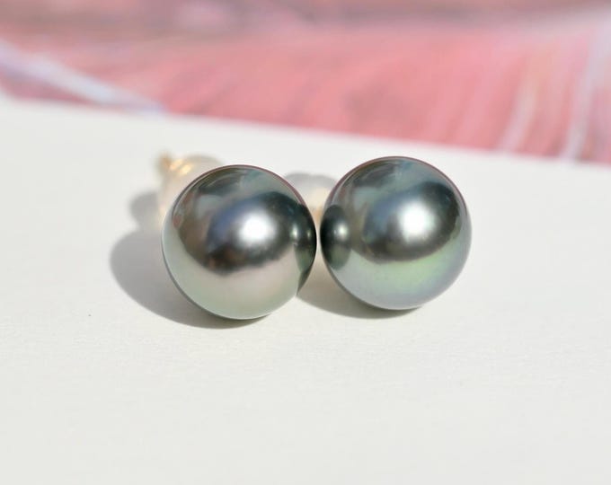 8.9mm Tahitian Pearl Studs: Solid 18K Gold, Dark Green, Saltwater Pearl Earrings, Black Pearl Studs