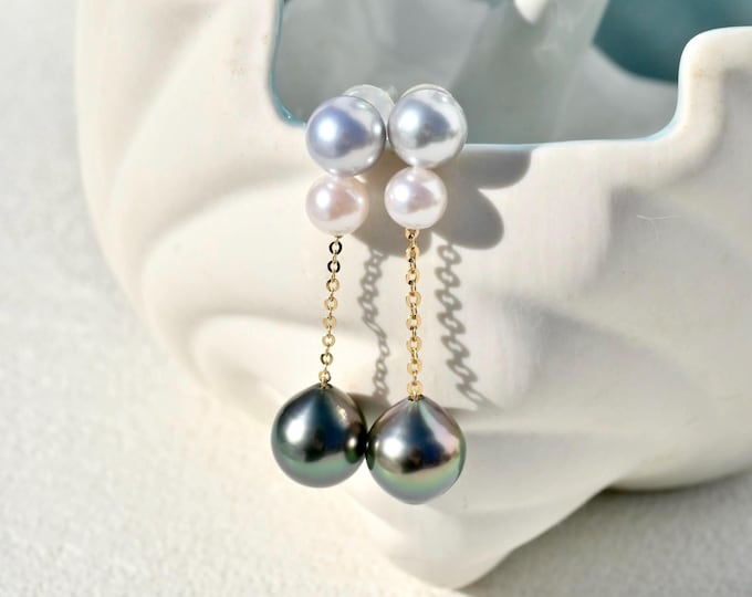 Triple Pearl Drop Earrings: Tahitian and Akoya Pearls, AAA, Solid 18K Gold, Long Dangle