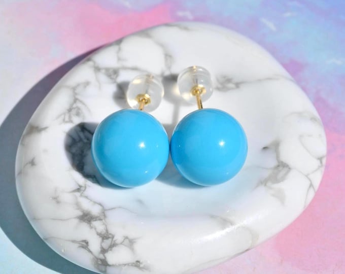 Sky Blue Turquoise Studs: Solid 18K Gold, Undyed, Round , Hubei Turquoise, 10.2mm, Authentic intense Blue, AAA+