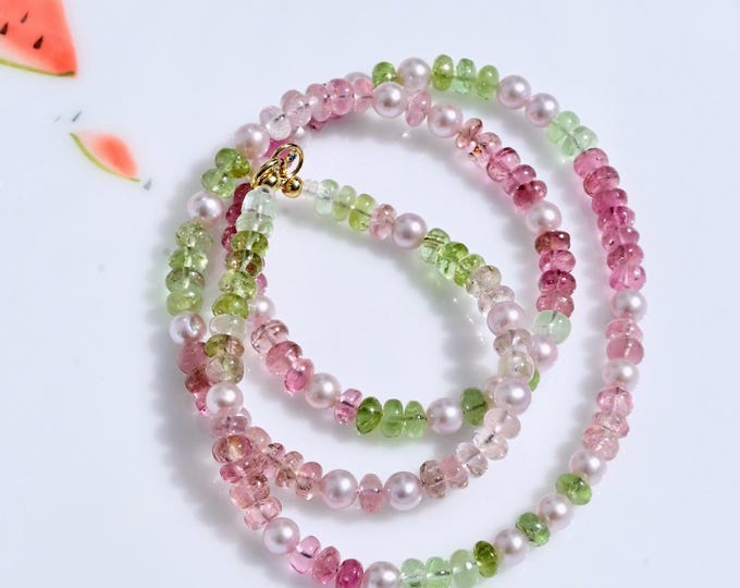 Watermelon Tourmaline & Freshwater Pearl Necklace: Solid 18K Gold, 5mm Natural Gemstone, Pink, Green, 19.25 Inch
