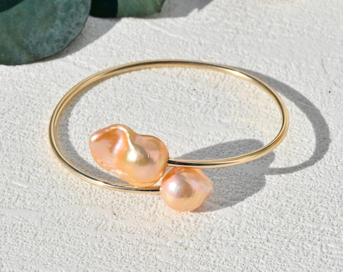 Dual Pearl Bypass Bangle: 2.3mm Round Gold filled Open Bangle, 6.5-6.75 inch Wrist Size, Coral Golden Baroque Pearls