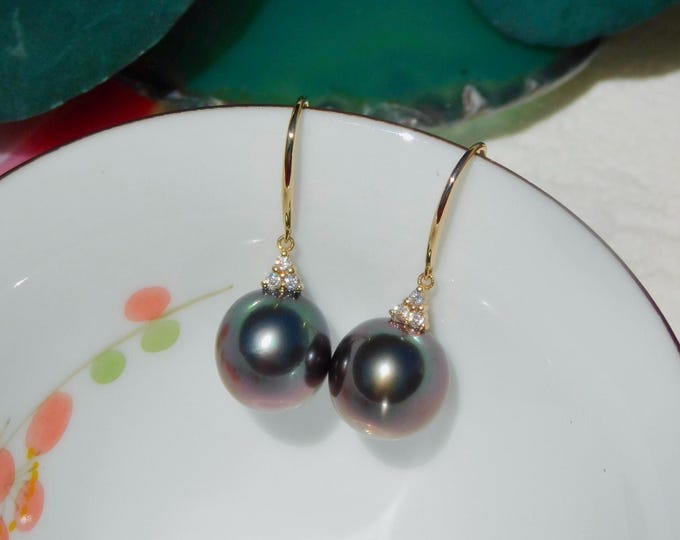 10.5mm Deep Aubergine Tahitian Pearl Earrings | Solid 18K Yellow Gold | AAA | Au750 Gold Earrings | Drop Earrings | Eggplant Tahitian | AAA+