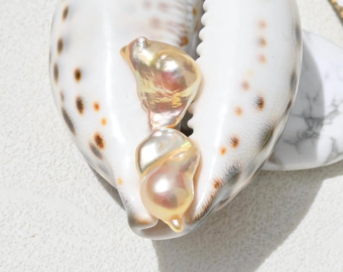 Metallic Champagne Baroque Pearl Stud Earrings: Solid 18K Gold, Organic, AAA+