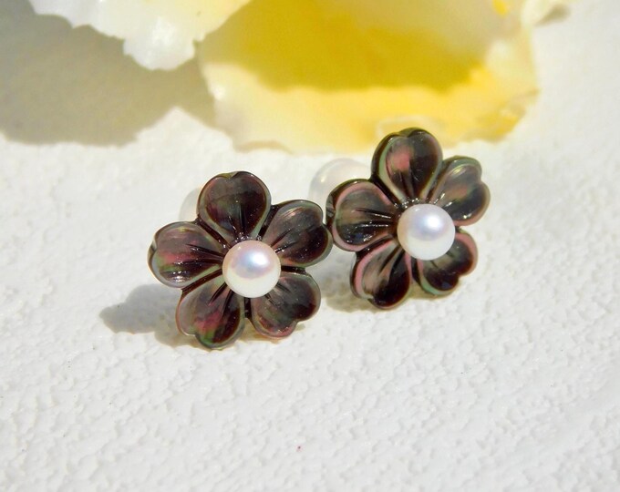 Iridescent Black Mother of Pearl Flower Studs | Cherry Blossom | Tiny Freshwater Pearls | 12mm Flower Studs | Solid 18K White Gold | AAA+