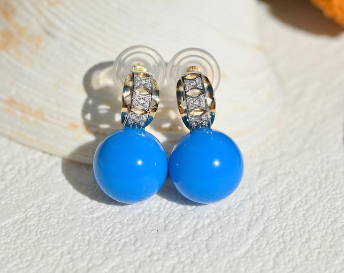 Cobalt Blue Turquoise Drop Earrings: Solid 18K Yellow and White Gold, AAA+,  Undyed, Authentic Blue Turquoise, Au750