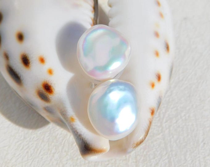 13.5mm Freshwater Keshi Pearl Studs | Super Luster | Solid 18k Gold Studs | Metallic | Large Keshi Studs | Free formed Pearl Studs | White
