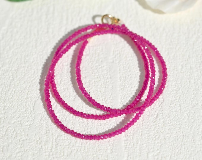 Thin Natural Ruby Necklace: Solid 18K Gold Clasp, 2mm, Burma Ruby, Faceted, 16 Inch, Purplish Red, Layering, Stacking