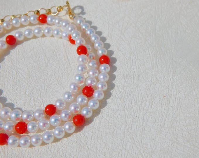 4mm Petite Freshwater Pearl and Coral Necklace | Round | AAA+ | Adjustable 16 to 18 inches | Solid 18k Yellow Gold | Layering | Red | White