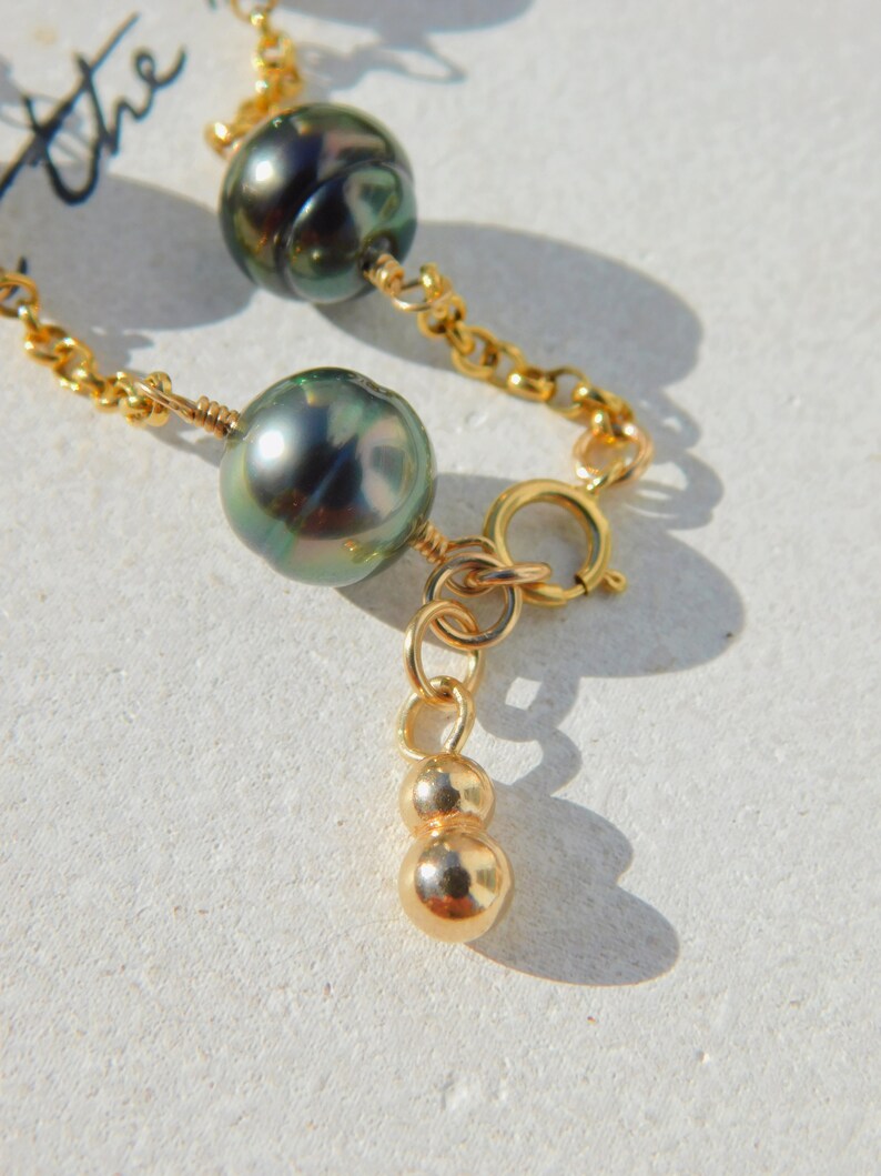 Black Pearls Peacock Adjustable Length Gold filled Rolo Chain AAA Wire Work Circled Tahitian Pearl Satellite Bracelet