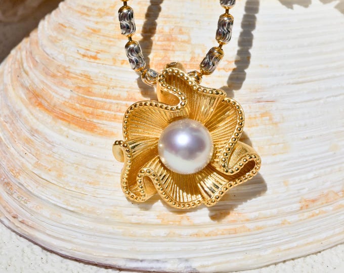 Vermeil Origami Flower Pendant with Pastel Blue Akoya Pearl: AAA 7mm Japanese Pearl