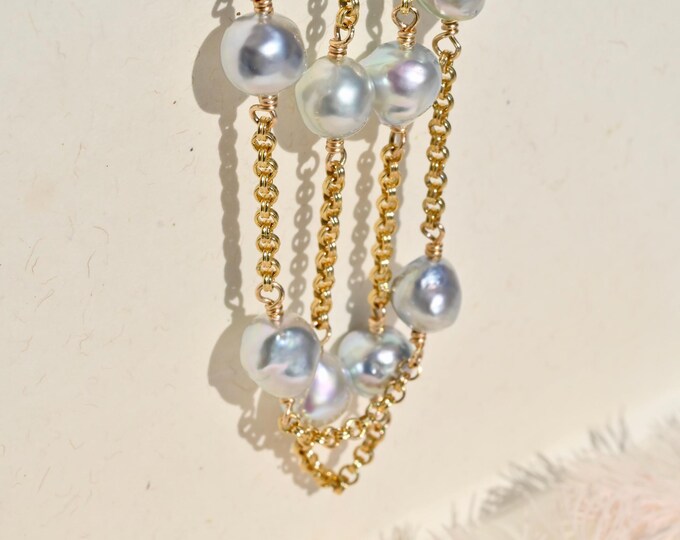 Pastel Blue Akoya Pearl Tin Cup Necklace: 18.25 Inch, 14K Gold Filled Double Link Rolo Chain