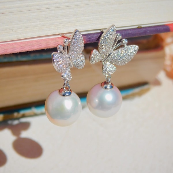 Cluster Butterfly Earrings | Freshwater Pearl Earrings | White Gold plated Sterling | AAA | 11.2mm | Drop Earrings | White | Round
