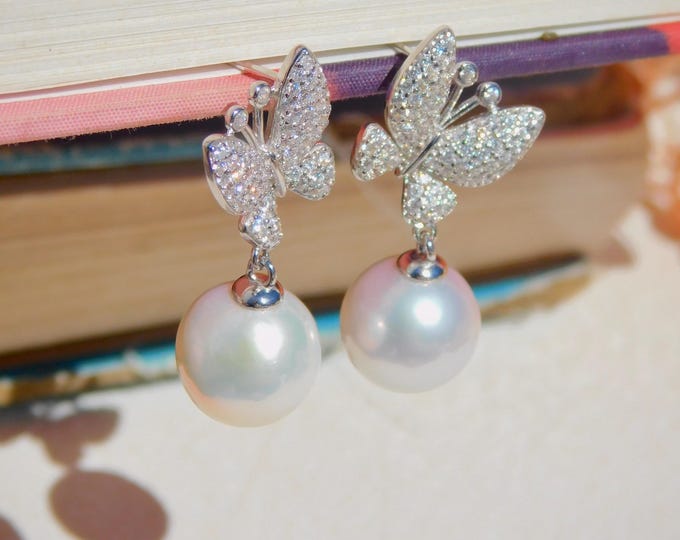 Cluster Butterfly Earrings | Freshwater Pearl Earrings | White Gold plated Sterling | AAA | 11.2mm | Drop Earrings | White | Round
