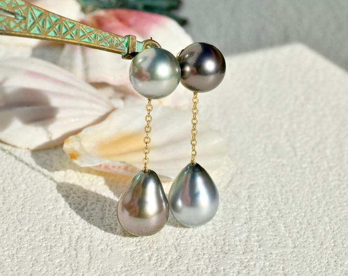 Double Tahitian Pearl Earrings: Mismatched Earrings, Solid 18K Gold, Tahitian Keshi Pearls, AAA, Long Dangle Earrings