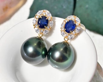 Blue Sapphire Tahitian Pearl Earrings: Solid 18K Gold, Dark Peacock Green Pearl Drop Earrings, Fine Pearl Jewelry