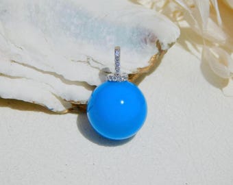 13.3mm Cobalt Blue Turquoise Pendant | Round | Solid 18K White Gold | Authentic Intense Blue Turquoise | AAA+ | Hubei Turquoise | Undyed